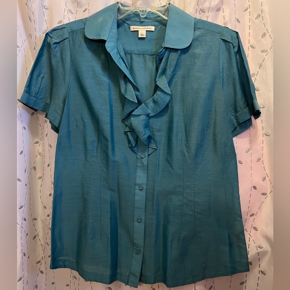 Banana Republic Button Up Ruffled Top Blouse Short Sleeve Blue Green Sz L